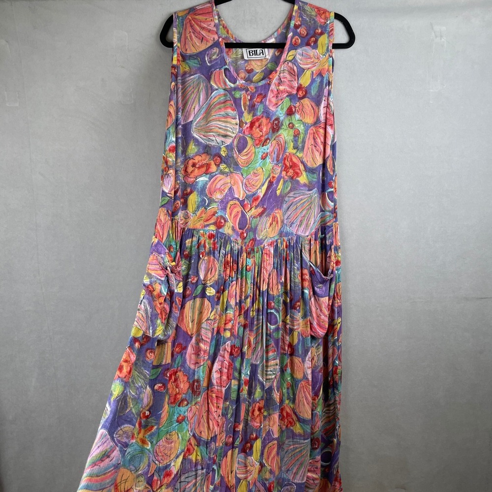 VTG Bila Maxi Dress L Purple Abstract Floral Boho Drop Waist Pockets Art to Wear